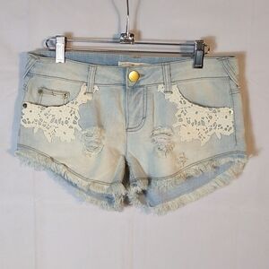 Lace Denim Distressed Cut Off Shorts